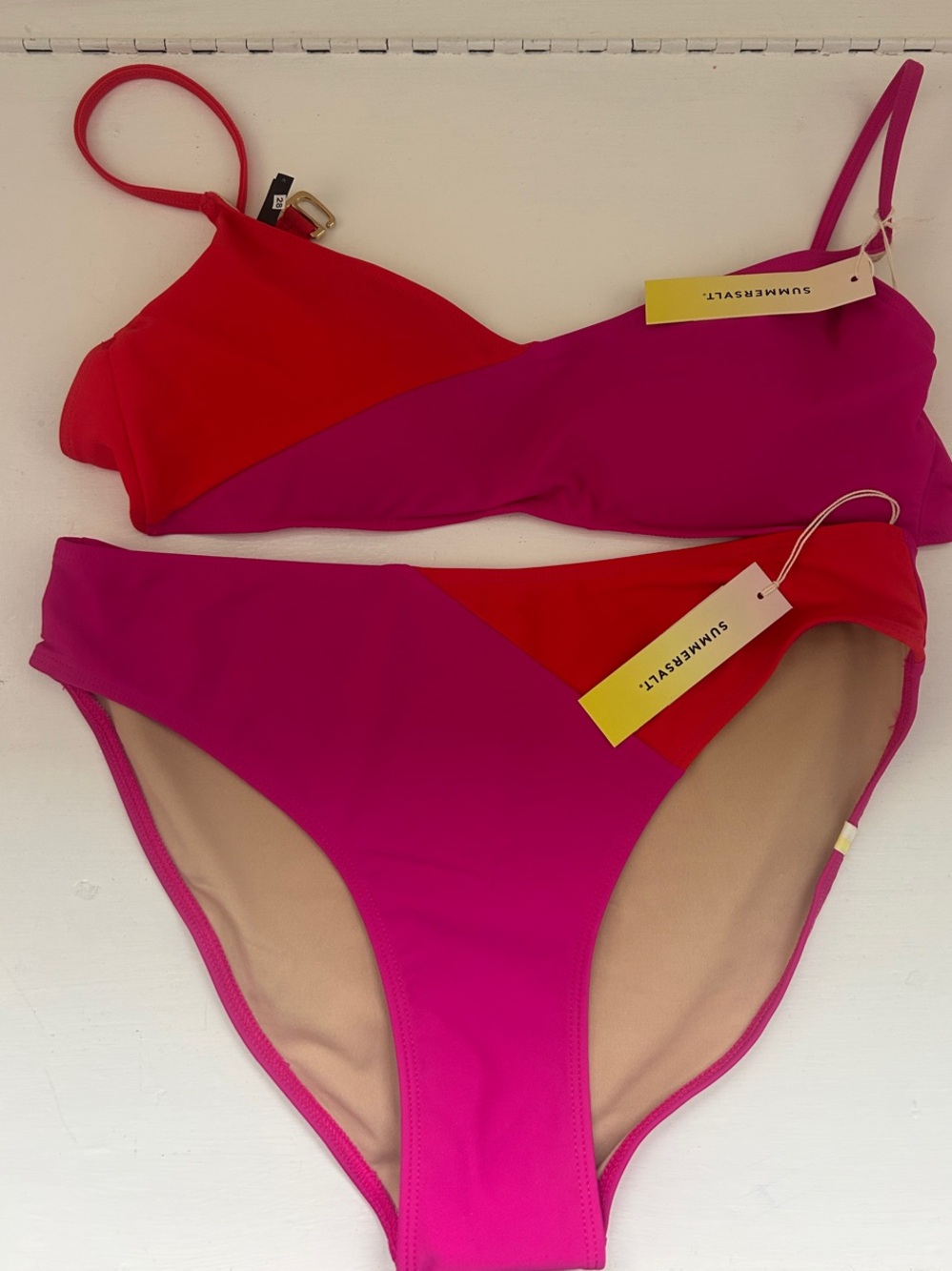 NWT summersalt Pink and Red Diagonal Block Bikini Set